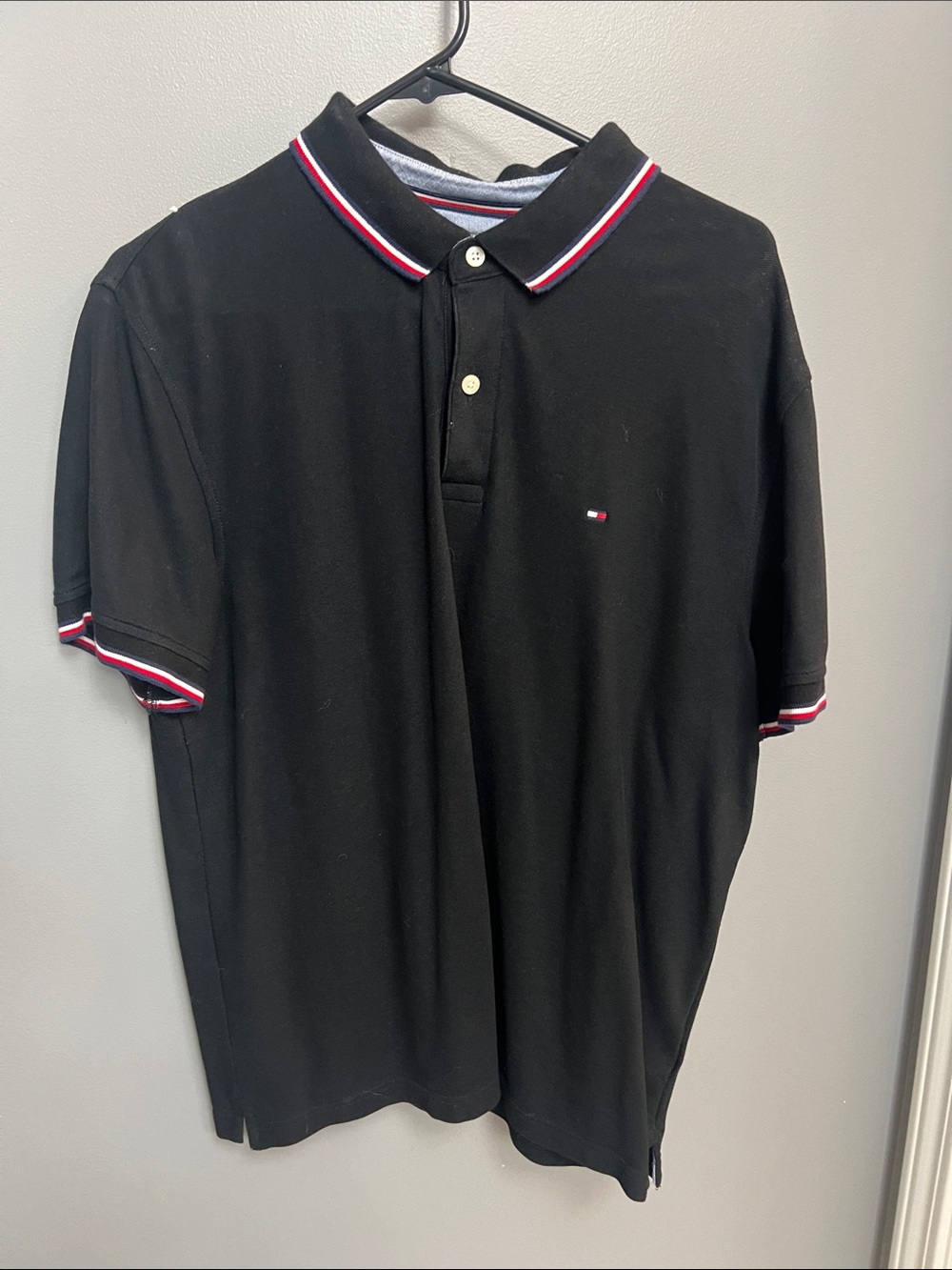 Mens Tommy’s Hilfiger Black Polo with Red-White-Blue Trim